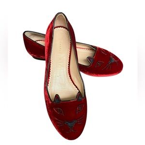 CHARLOTTE OLYMPIA Red Velvet Kitty Cat Ballet Flats Box Dust Bag US 7.5 Eu 37.5